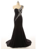 Black Chiffon Beaded One Shoulder Mermaid Long Prom Dress